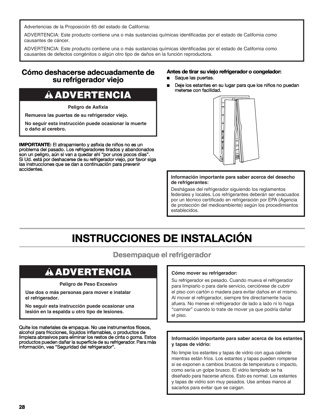Whirlpool W10632883A Instrucciones De Instalación, Advertencia, Cómo deshacerse adecuadamente de su refrigerador viejo 