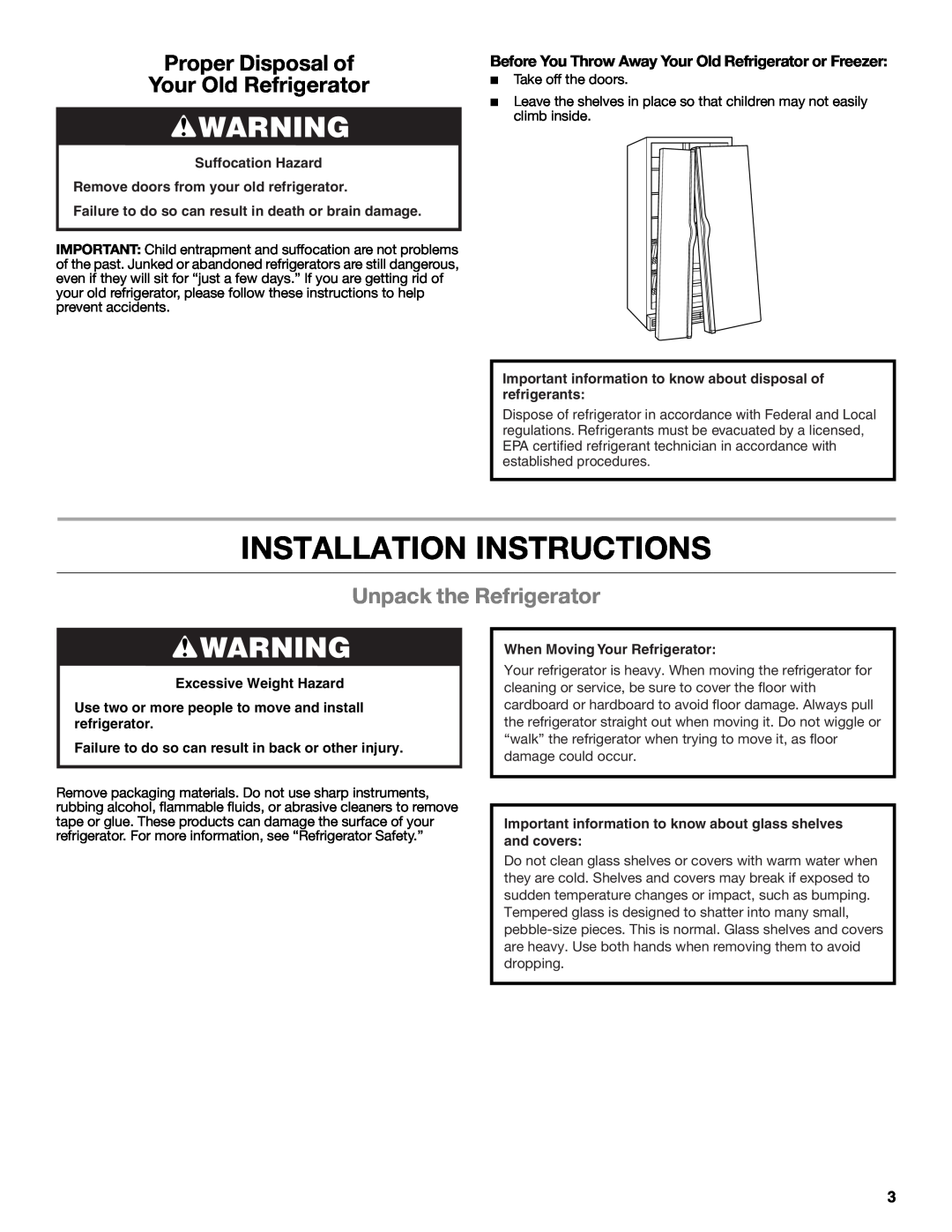Whirlpool W10632883A Installation Instructions, Proper Disposal of Your Old Refrigerator, Unpack the Refrigerator 