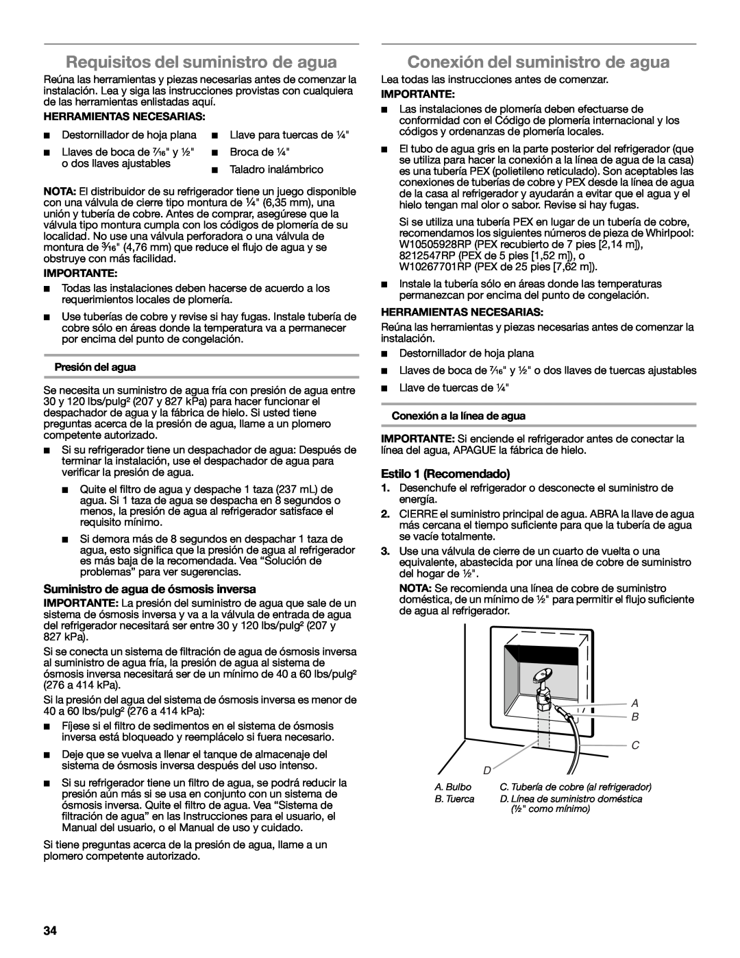 Whirlpool W10632883A Requisitos del suministro de agua, Conexión del suministro de agua, Estilo 1 Recomendado 