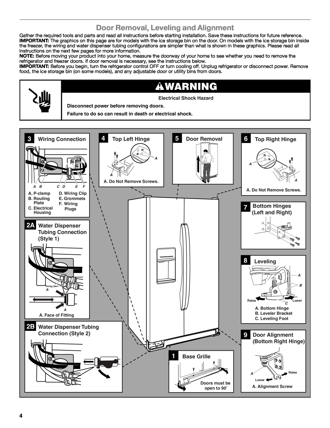 Whirlpool W10632883A installation instructions Door Removal, Leveling and Alignment 