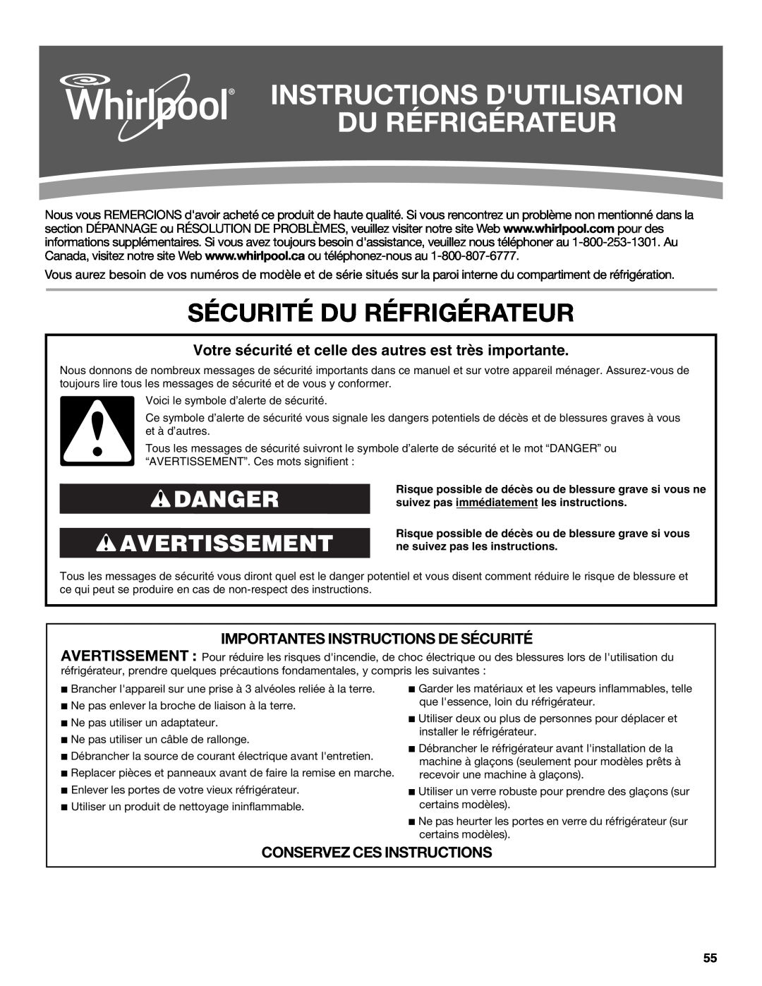 Whirlpool W10632883A Instructions Dutilisation Du Réfrigérateur, Sécurité Du Réfrigérateur, Danger Avertissement 
