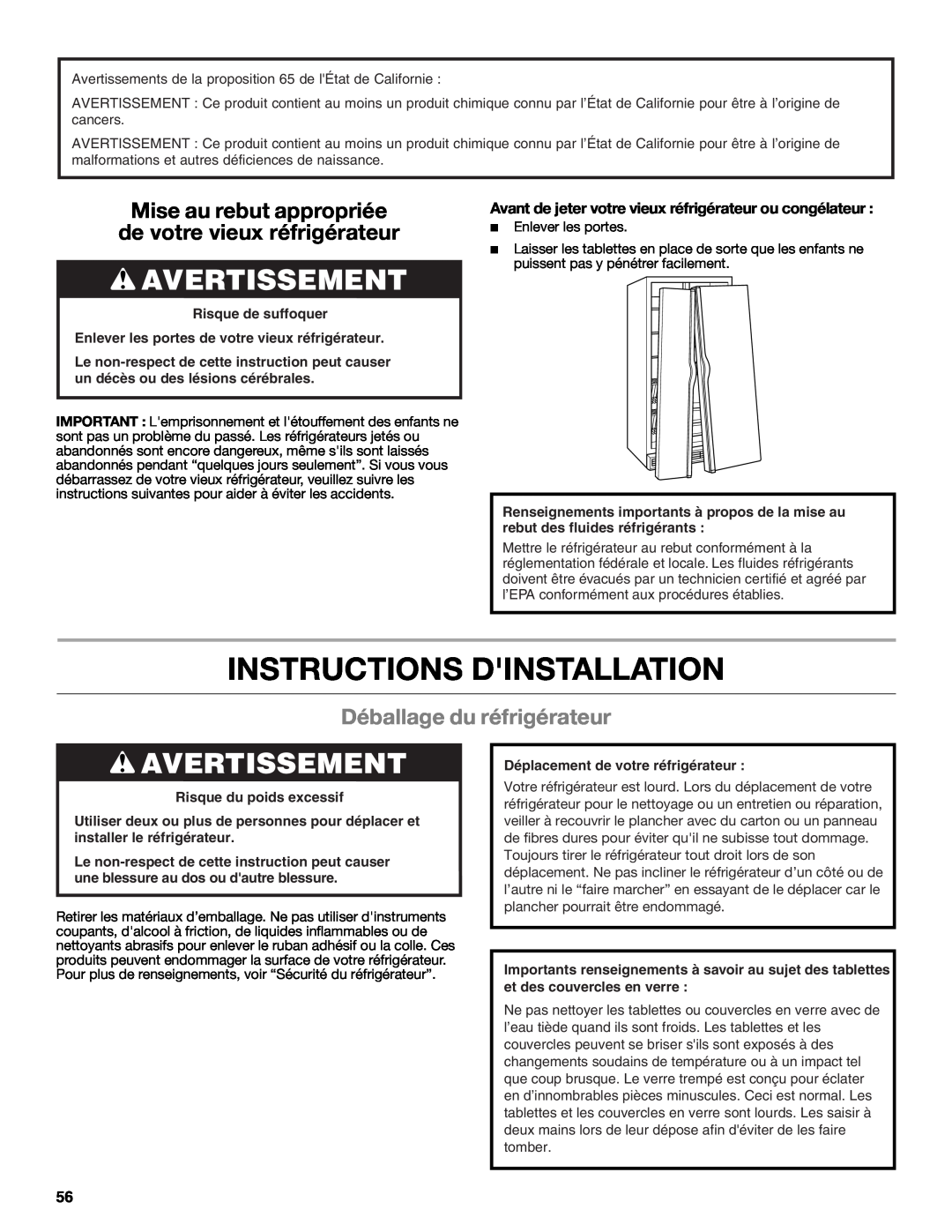 Whirlpool W10632883A Instructions Dinstallation, Avertissement, Déballage du réfrigérateur, Risque du poids excessif 