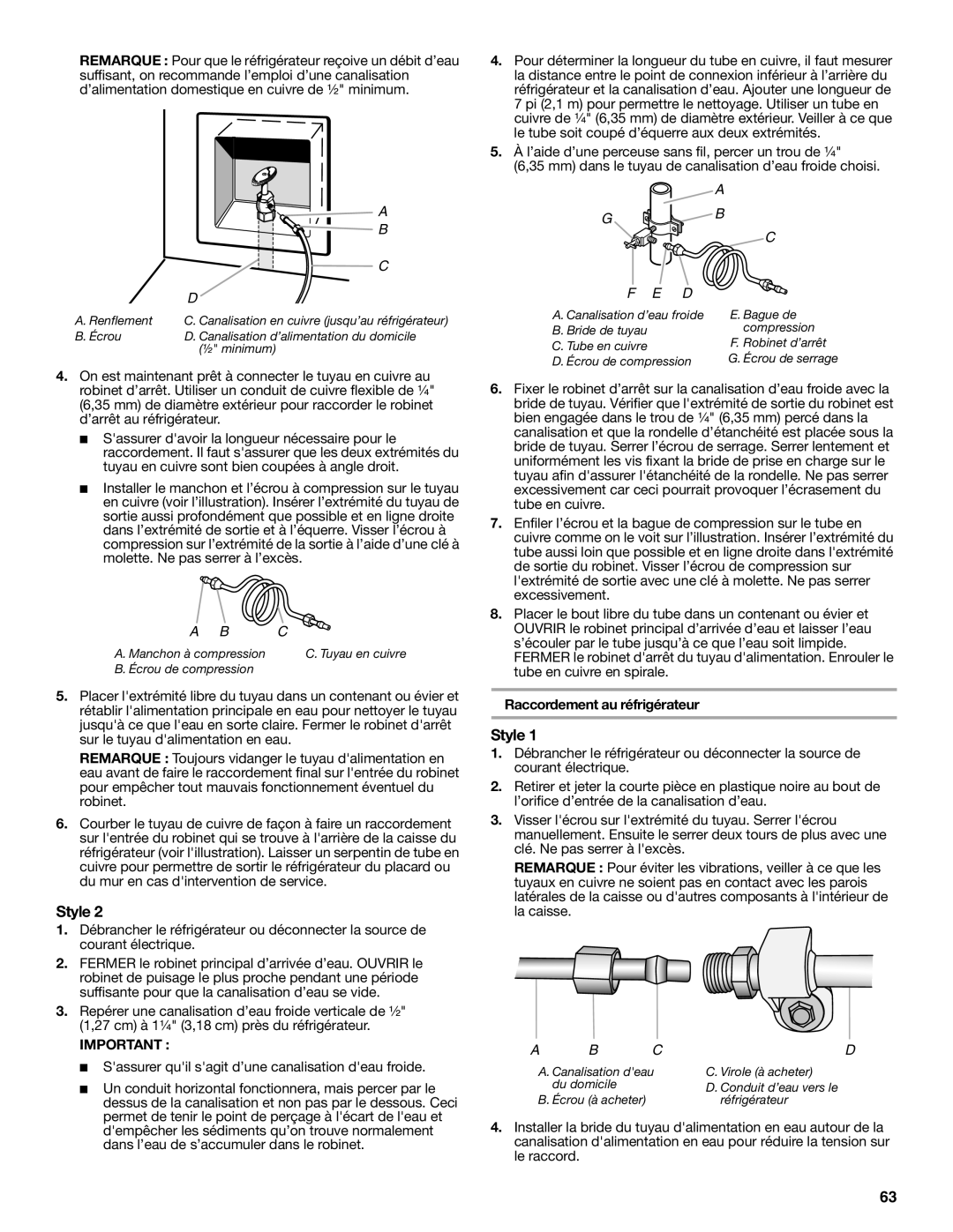Whirlpool W10632883A installation instructions Style, F E D, Raccordement au réfrigérateur 