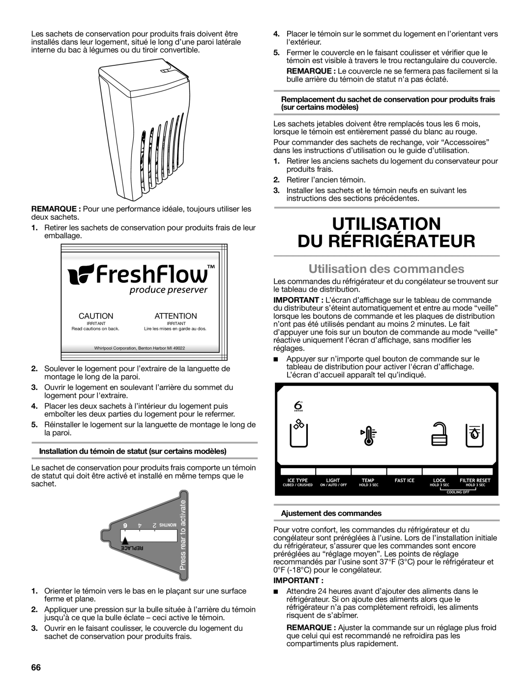 Whirlpool W10632883A installation instructions Utilisation Du Réfrigérateur, Utilisation des commandes, Replace 
