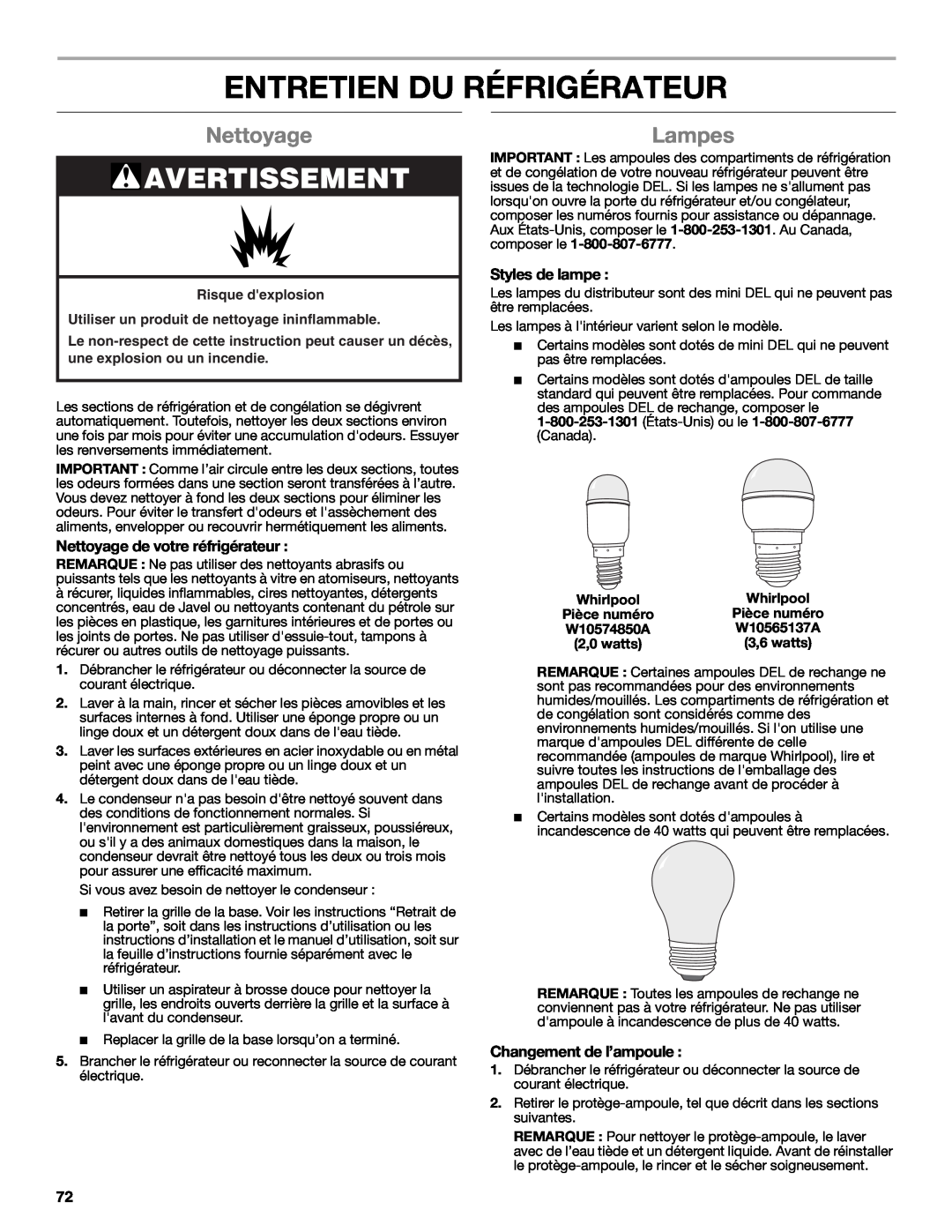 Whirlpool W10632883A Entretien Du Réfrigérateur, Lampes, Nettoyage de votre réfrigérateur, Styles de lampe 