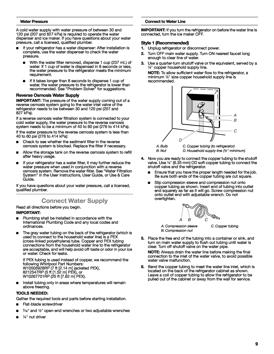 Whirlpool W10632883A installation instructions Connect Water Supply, Reverse Osmosis Water Supply, Style 1 Recommended 