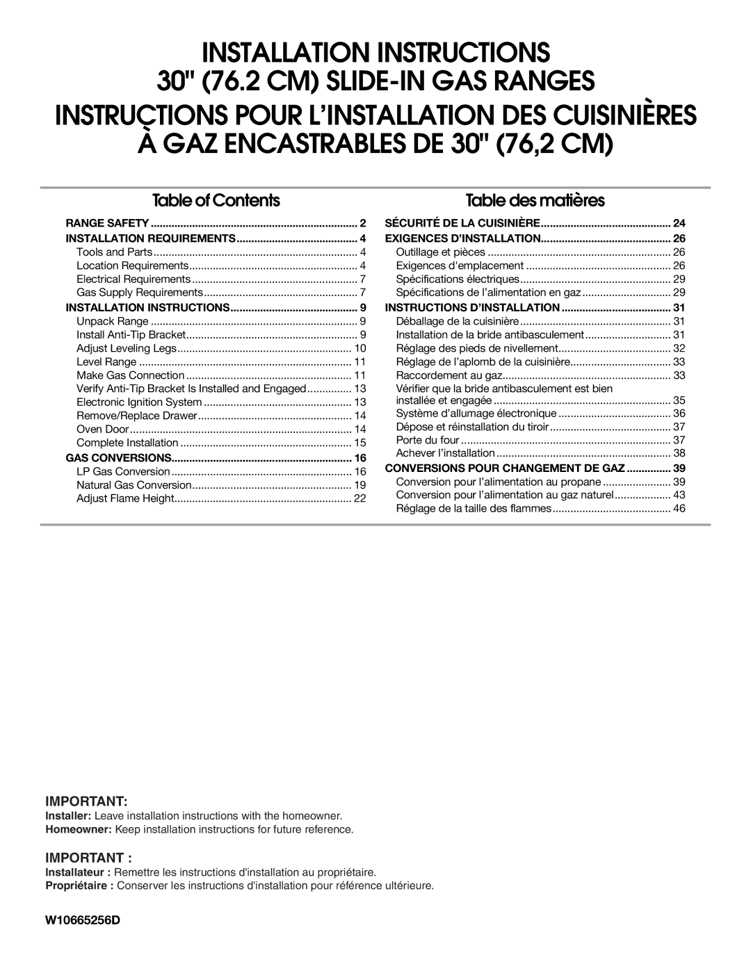 Whirlpool W10665256D installation instructions GAZ Encastrables DE 30 76,2 CM 