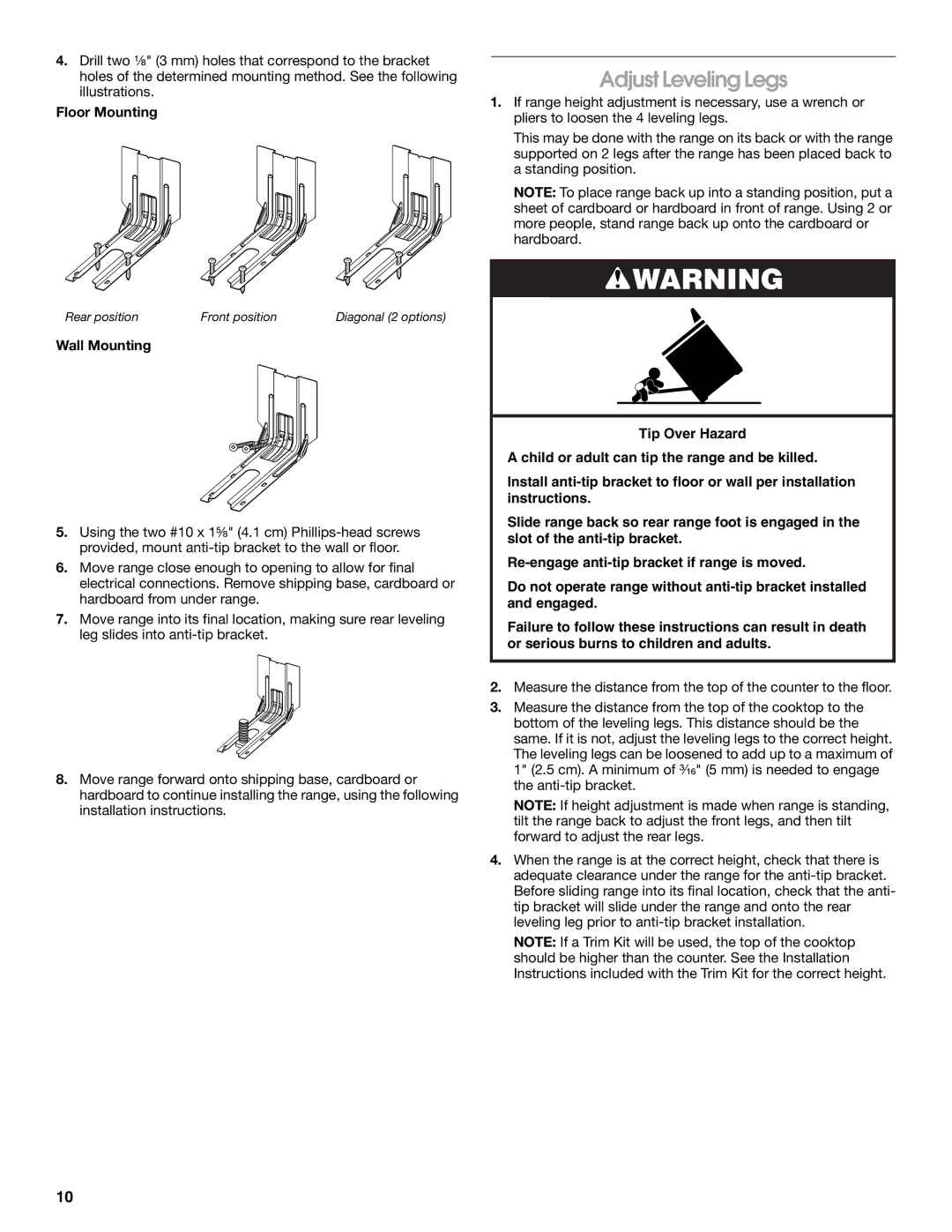 Whirlpool W10665256D Adjust Leveling Legs, Floor Mounting, Wall Mounting, Rear position Front position 