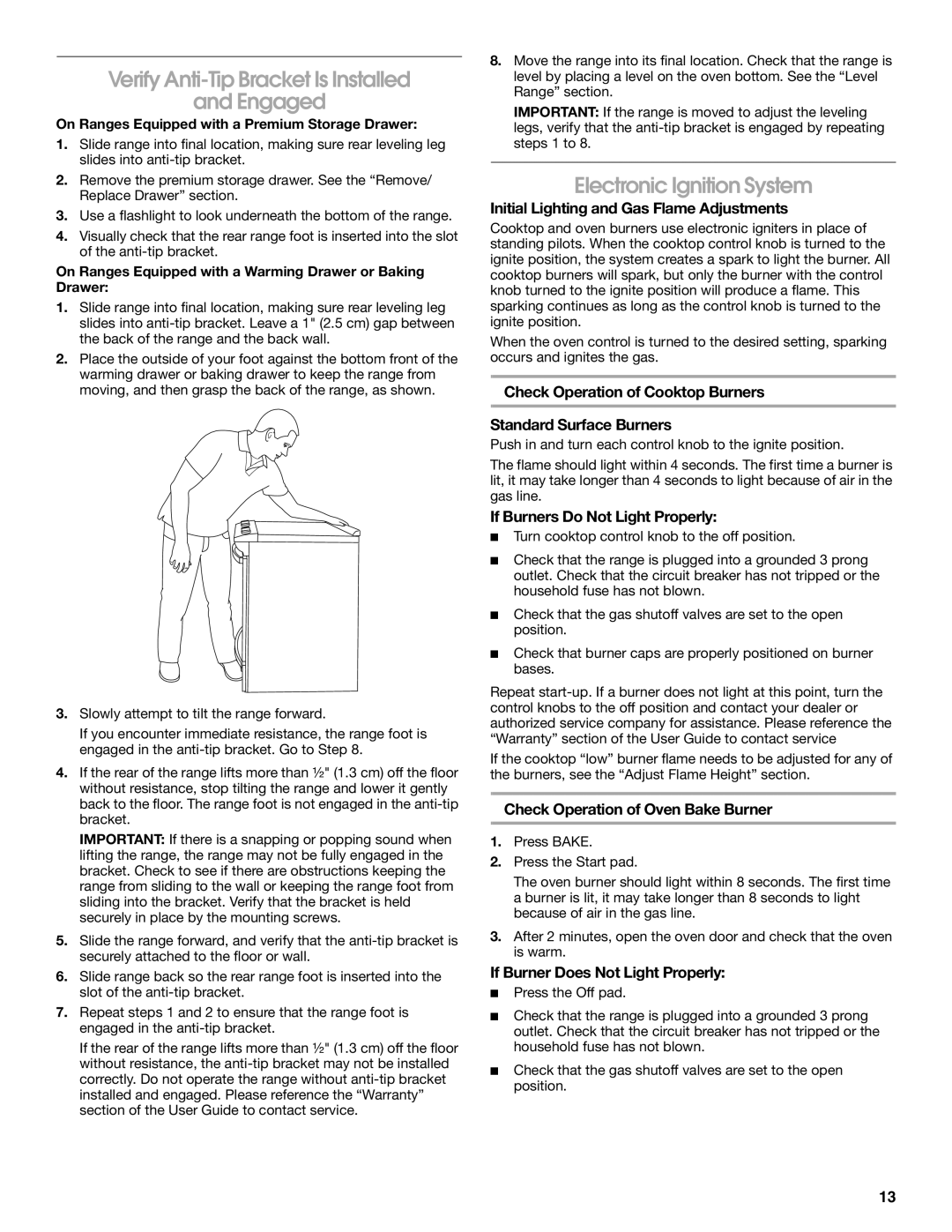 Whirlpool W10665256D installation instructions Verify Anti-Tip Bracket Is Installed Engaged, Electronic Ignition System 