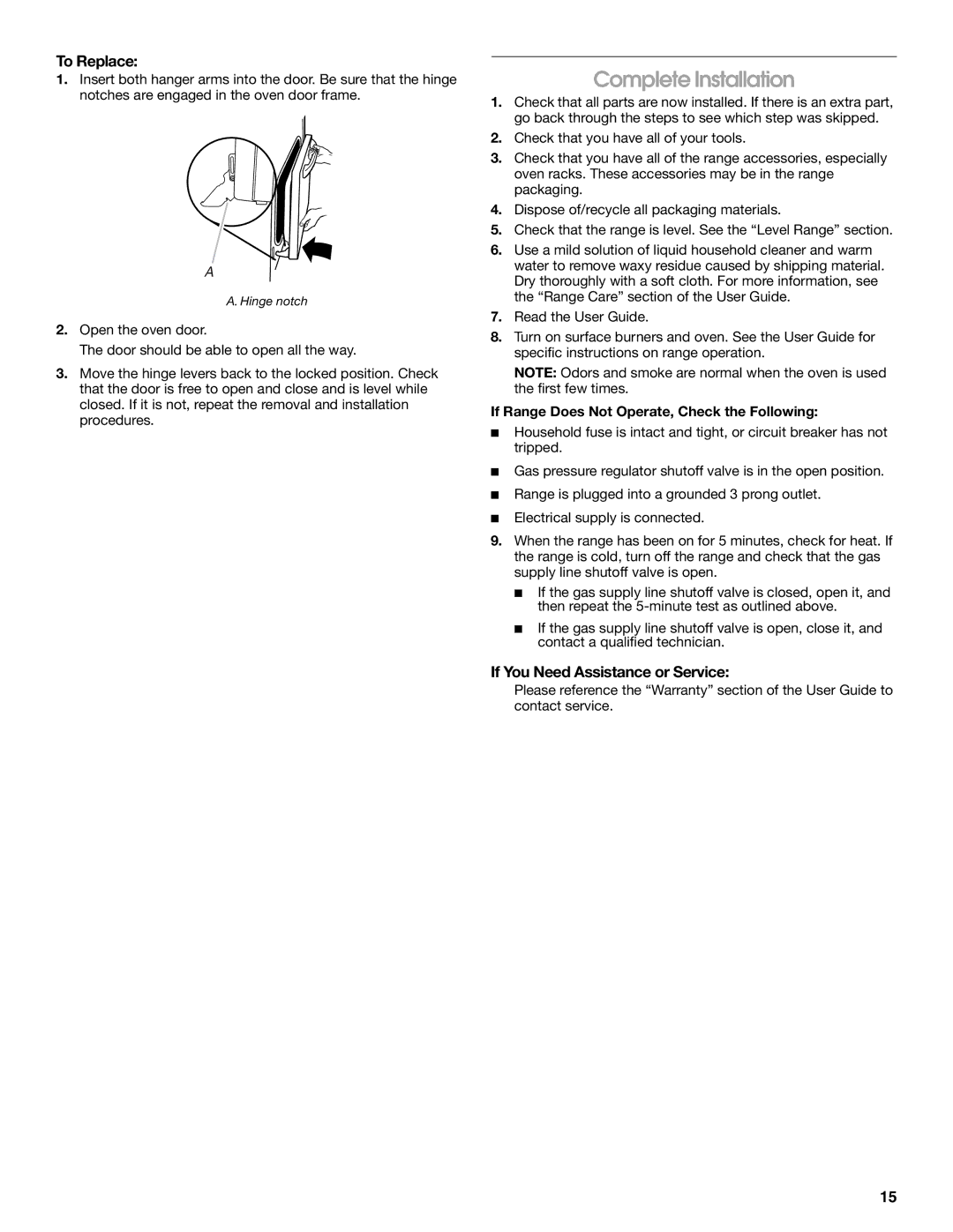 Whirlpool W10665256D installation instructions Complete Installation, If You Need Assistance or Service, Hinge notch 