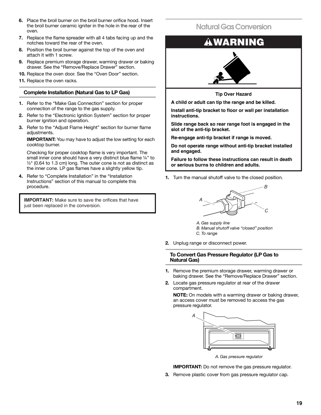 Whirlpool W10665256D installation instructions Natural Gas Conversion, Complete Installation Natural Gas to LP Gas 