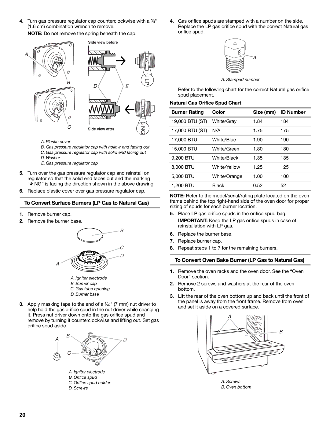 Whirlpool W10665256D To Convert Surface Burners LP Gas to Natural Gas, To Convert Oven Bake Burner LP Gas to Natural Gas 