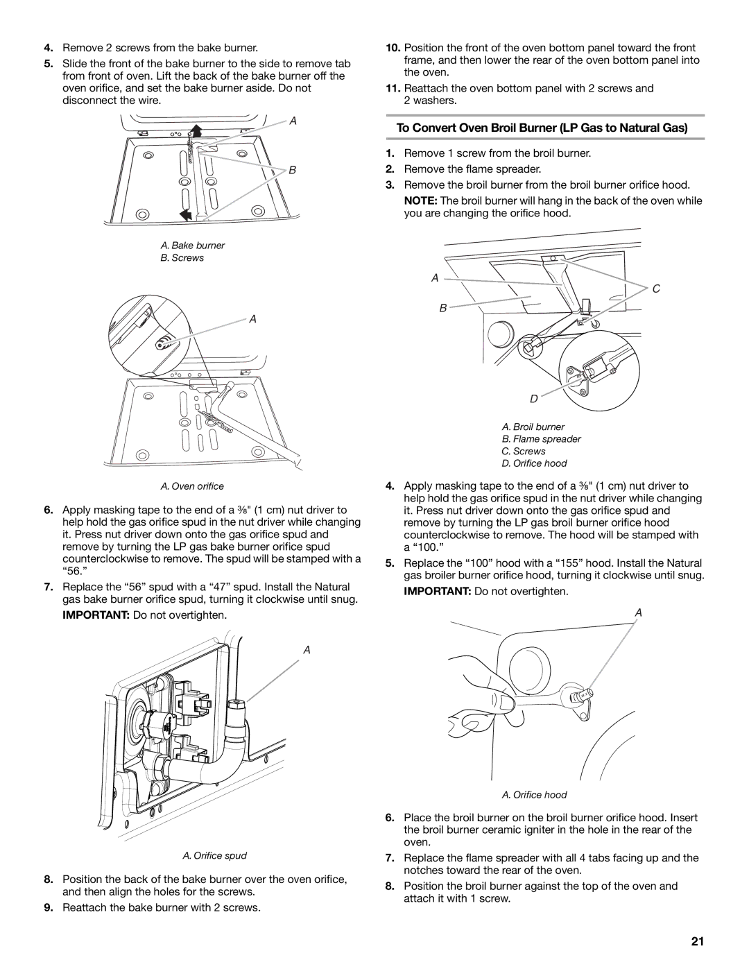 Whirlpool W10665256D To Convert Oven Broil Burner LP Gas to Natural Gas, Bake burner Screws Oven orifice 