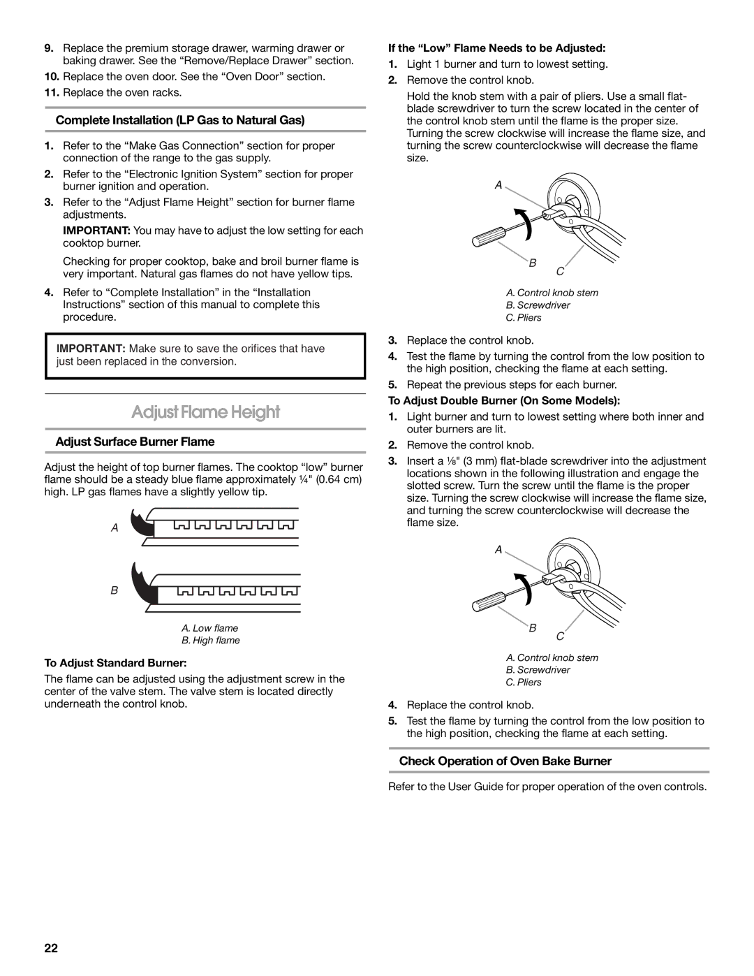 Whirlpool W10665256D Adjust Flame Height, Complete Installation LP Gas to Natural Gas, Adjust Surface Burner Flame 