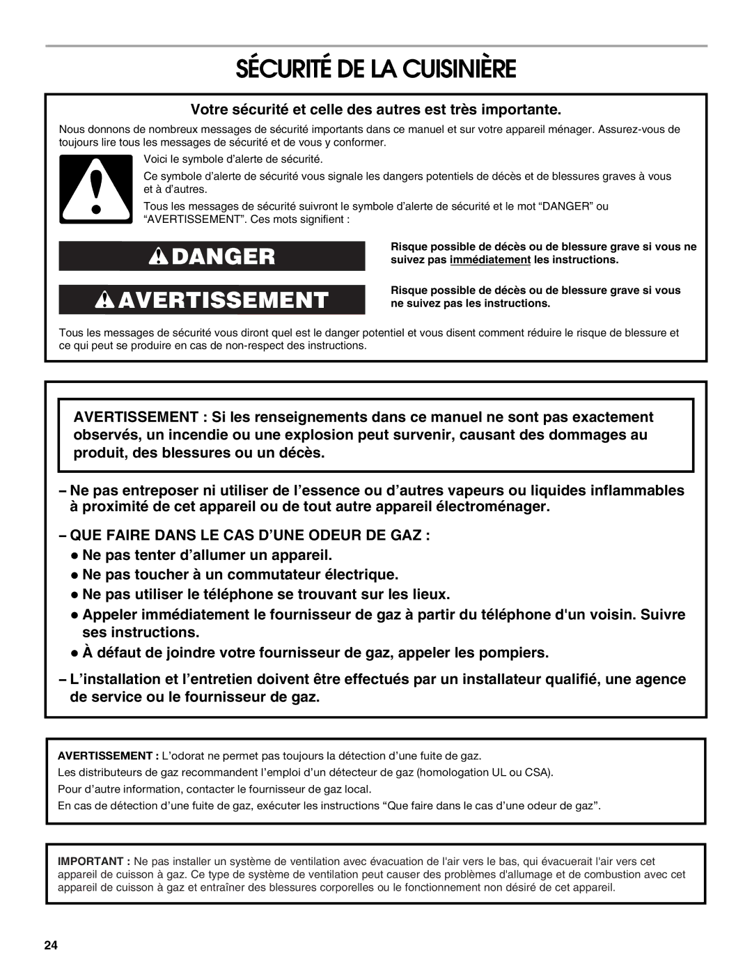 Whirlpool W10665256D Sécurité DE LA Cuisinière, Votre sécurité et celle des autres est très importante 