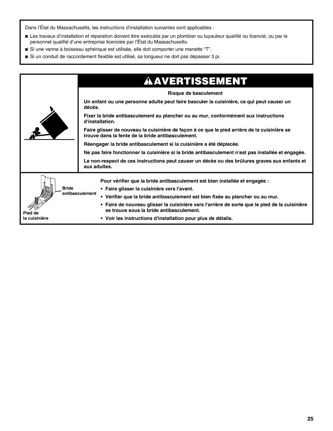 Whirlpool W10665256D installation instructions Pied de La cuisinière 