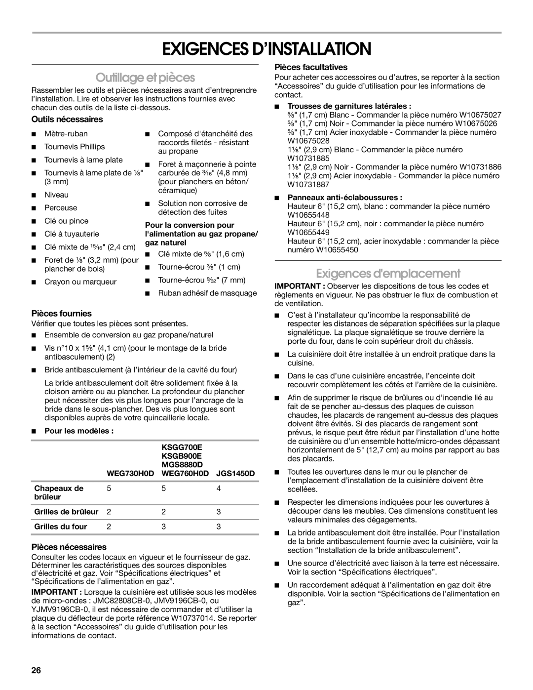 Whirlpool W10665256D installation instructions Exigences D’INSTALLATION, Outillage et pièces, Exigences demplacement 