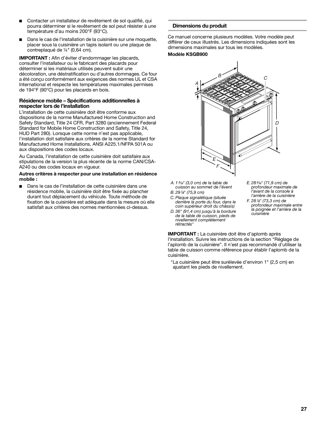 Whirlpool W10665256D installation instructions Dimensions du produit, Modèle KSGB900, 29⁷⁄₈ 75,9 cm 