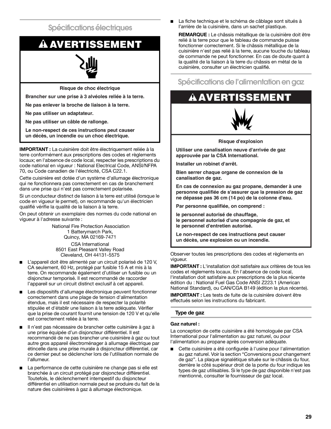 Whirlpool W10665256D Spécifications électriques, Spécifications de l’alimentation en gaz, Type de gaz, Gaz naturel 