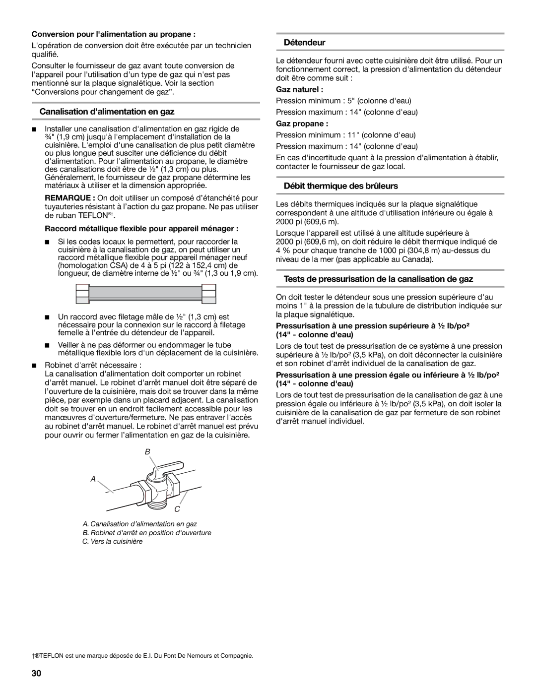 Whirlpool W10665256D installation instructions Canalisation dalimentation en gaz, Détendeur, Débit thermique des brûleurs 