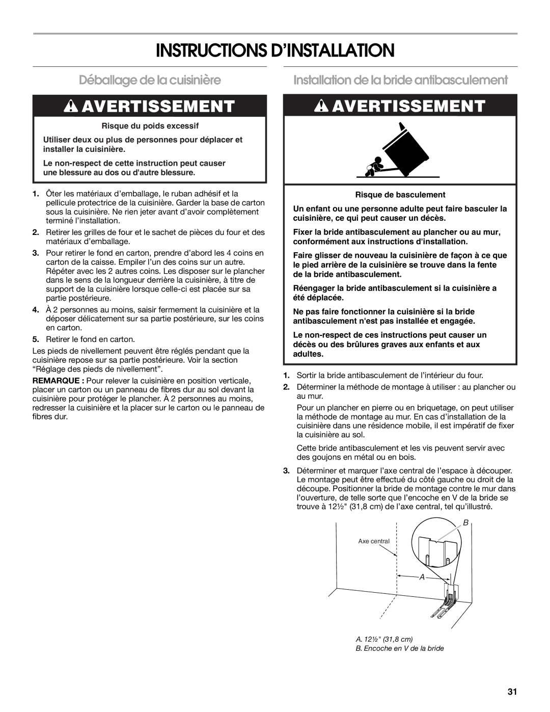 Whirlpool W10665256D Instructions D’INSTALLATION, Déballage de la cuisinière, Installation de la bride antibasculement 