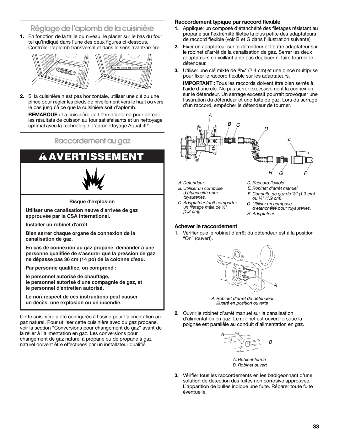 Whirlpool W10665256D Réglage de l’aplomb de la cuisinière, Raccordement au gaz, Raccordement typique par raccord flexible 