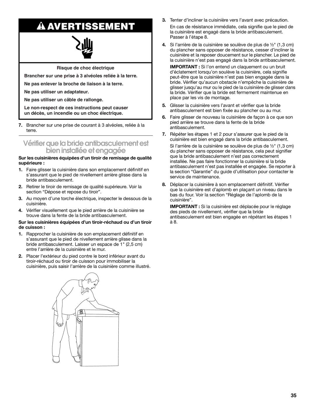 Whirlpool W10665256D installation instructions Avertissement 