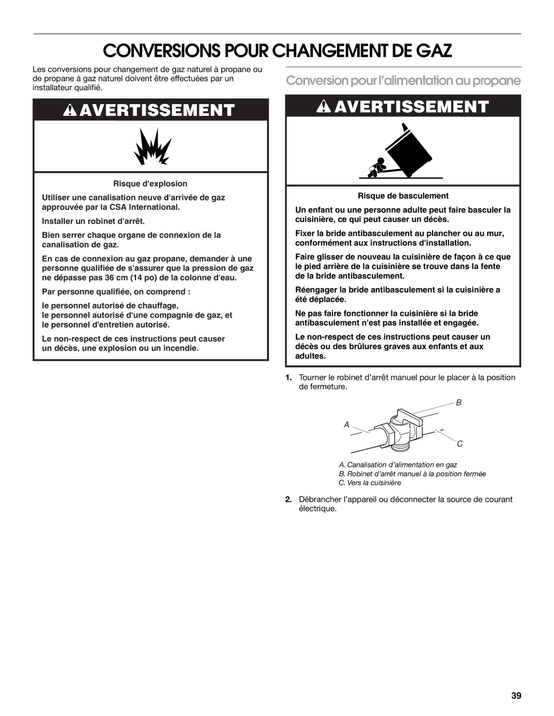 Whirlpool W10665256D Conversions Pour Changement DE GAZ, Conversion pour l’alimentation au propane 