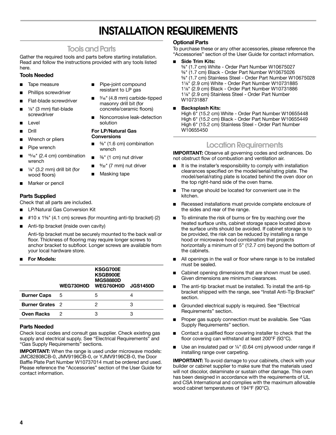 Whirlpool W10665256D installation instructions Installation Requirements, Tools and Parts, Location Requirements 