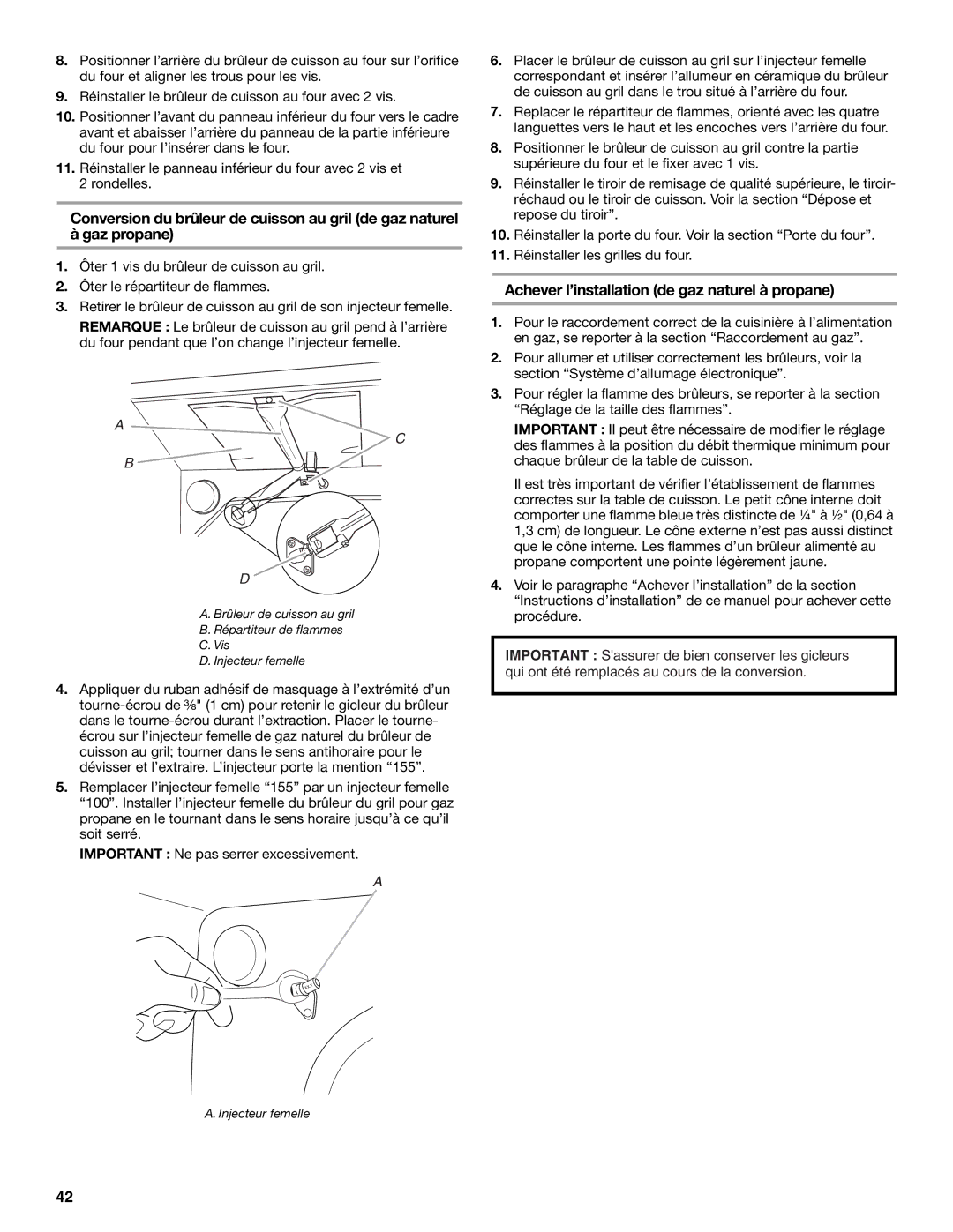 Whirlpool W10665256D installation instructions Achever l’installation de gaz naturel à propane, Injecteur femelle 