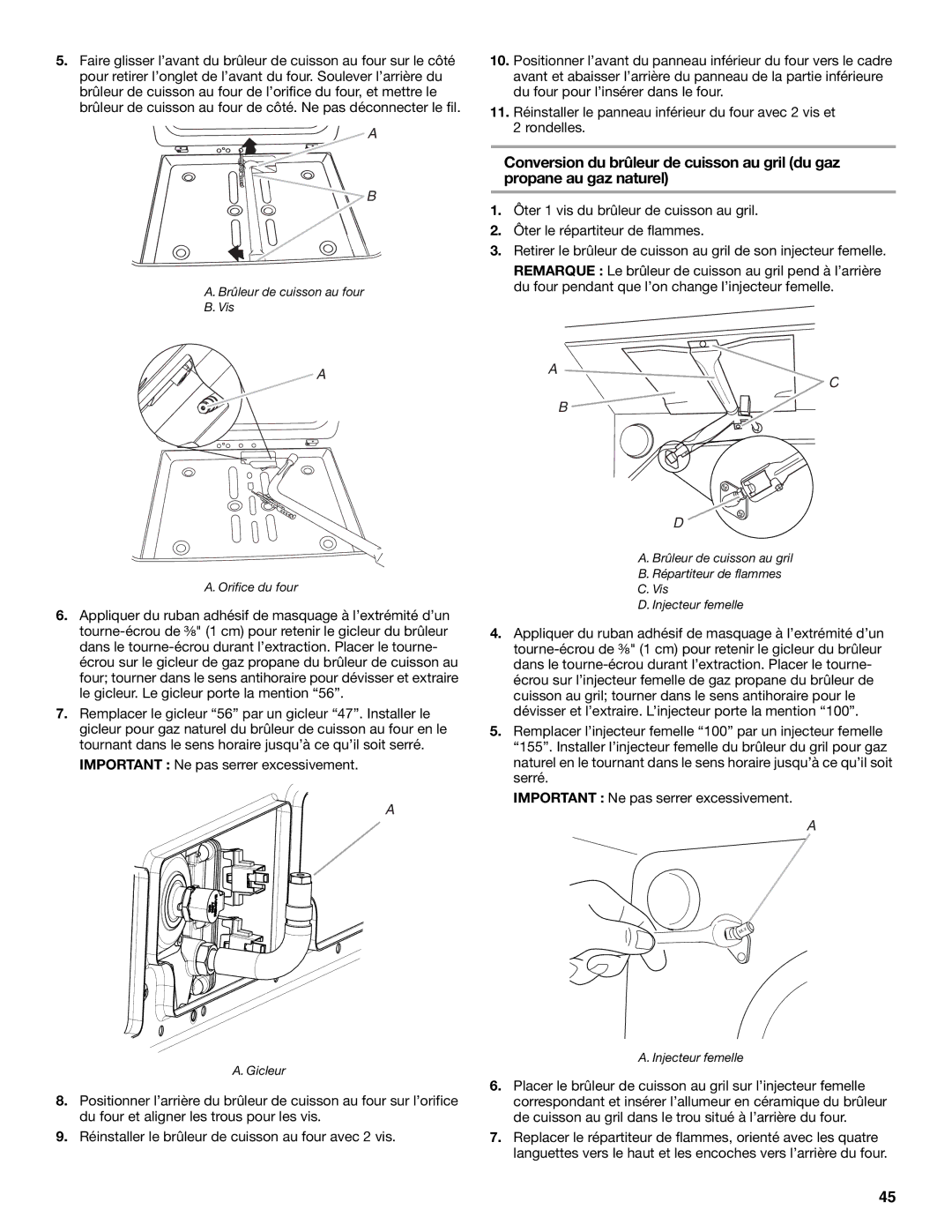 Whirlpool W10665256D installation instructions Brûleur de cuisson au four Vis, Orifice du four 