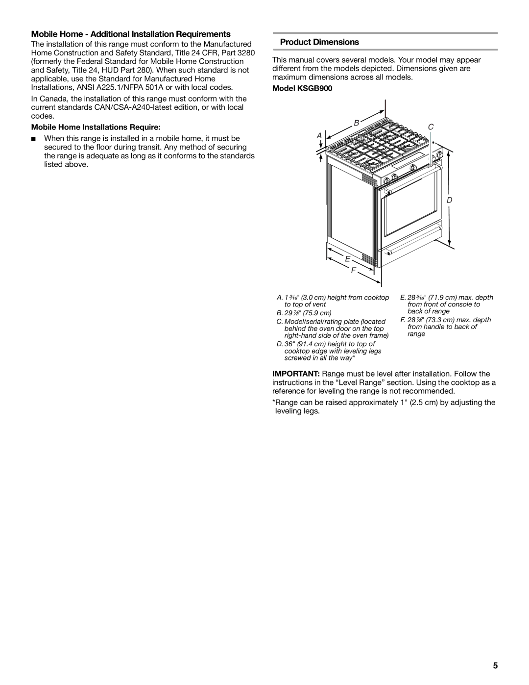 Whirlpool W10665256D Mobile Home Additional Installation Requirements, Product Dimensions, Model KSGB900 