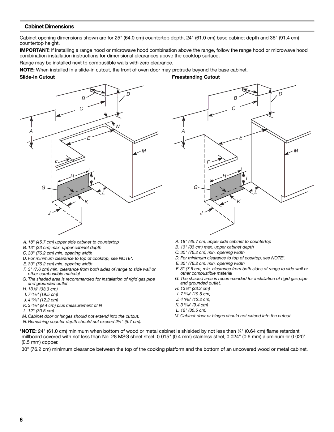 Whirlpool W10665256D Cabinet Dimensions, Slide-In Cutout Freestanding Cutout, ¹¹⁄₁₆ 9.4 cm plus measurement of N L 30.5 cm 