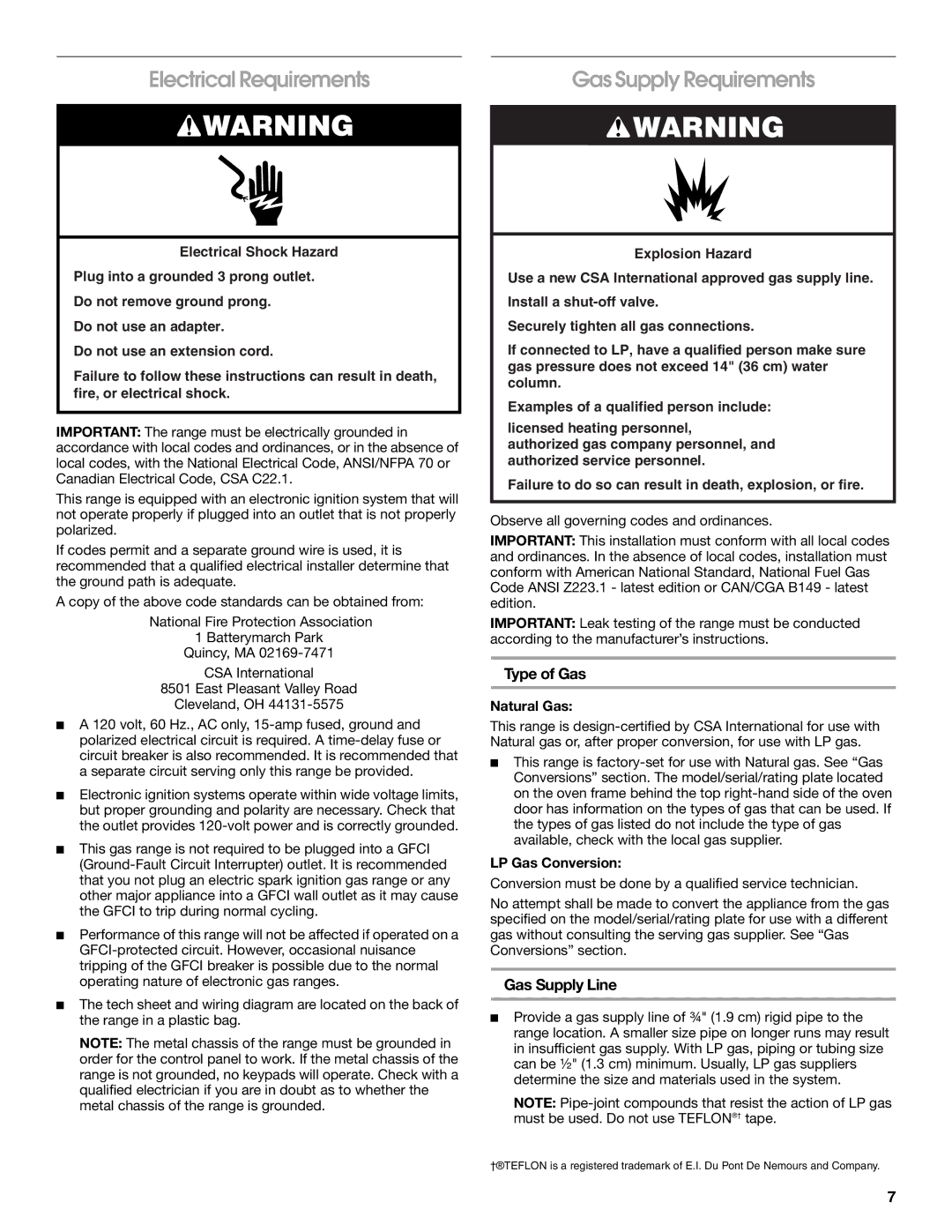 Whirlpool W10665256D Electrical Requirements, Gas Supply Requirements, Type of Gas, Gas Supply Line 