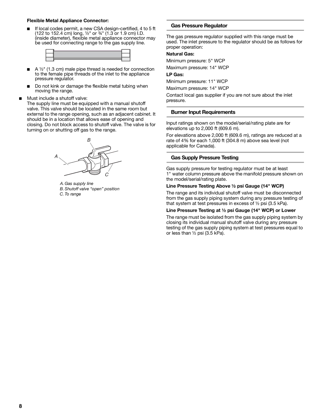 Whirlpool W10665256D Gas Pressure Regulator, Burner Input Requirements, Gas Supply Pressure Testing 