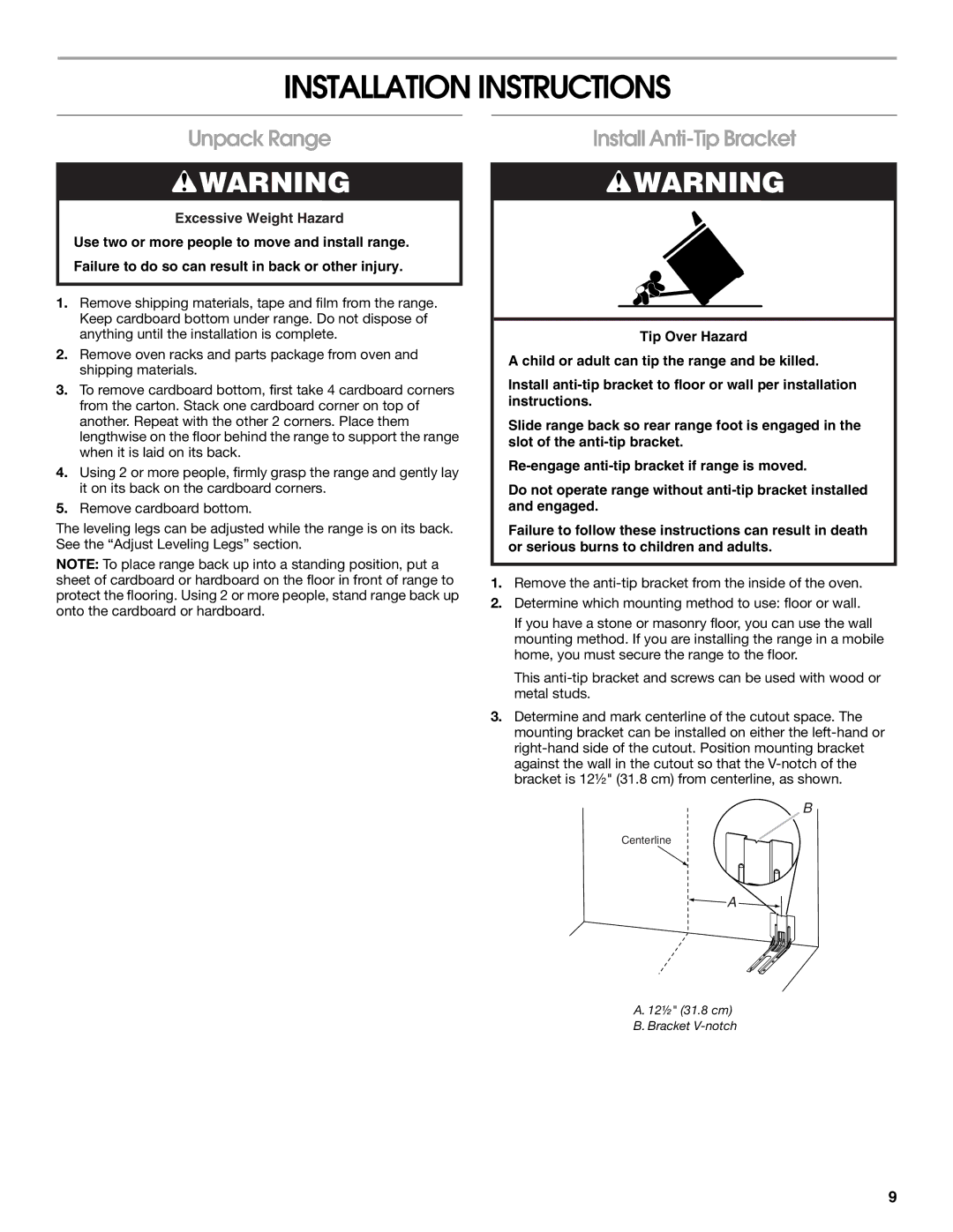 Whirlpool W10665256D Installation Instructions, Unpack Range, Install Anti-Tip Bracket, 12½ 31.8 cm B. Bracket V-notch 