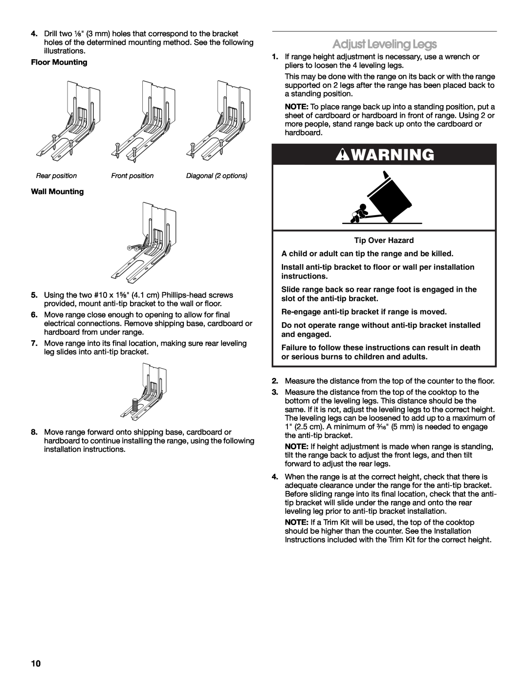 Whirlpool W10665256D installation instructions Adjust Leveling Legs, Floor Mounting, Wall Mounting 