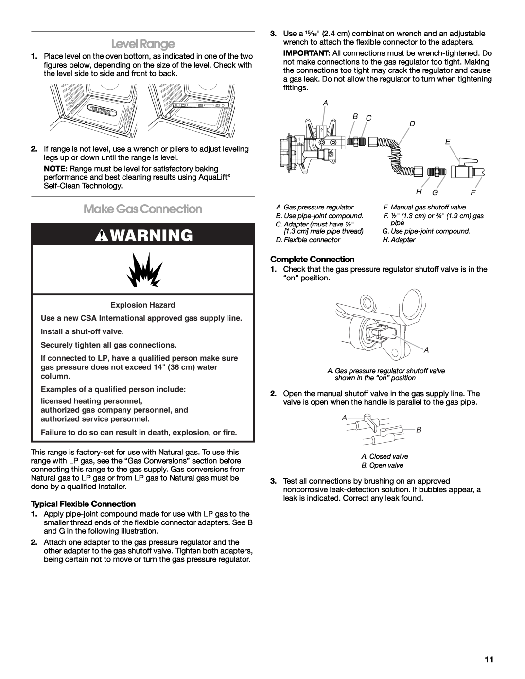 Whirlpool W10665256D Level Range, Make Gas Connection, Typical Flexible Connection, Complete Connection, A B C D E 