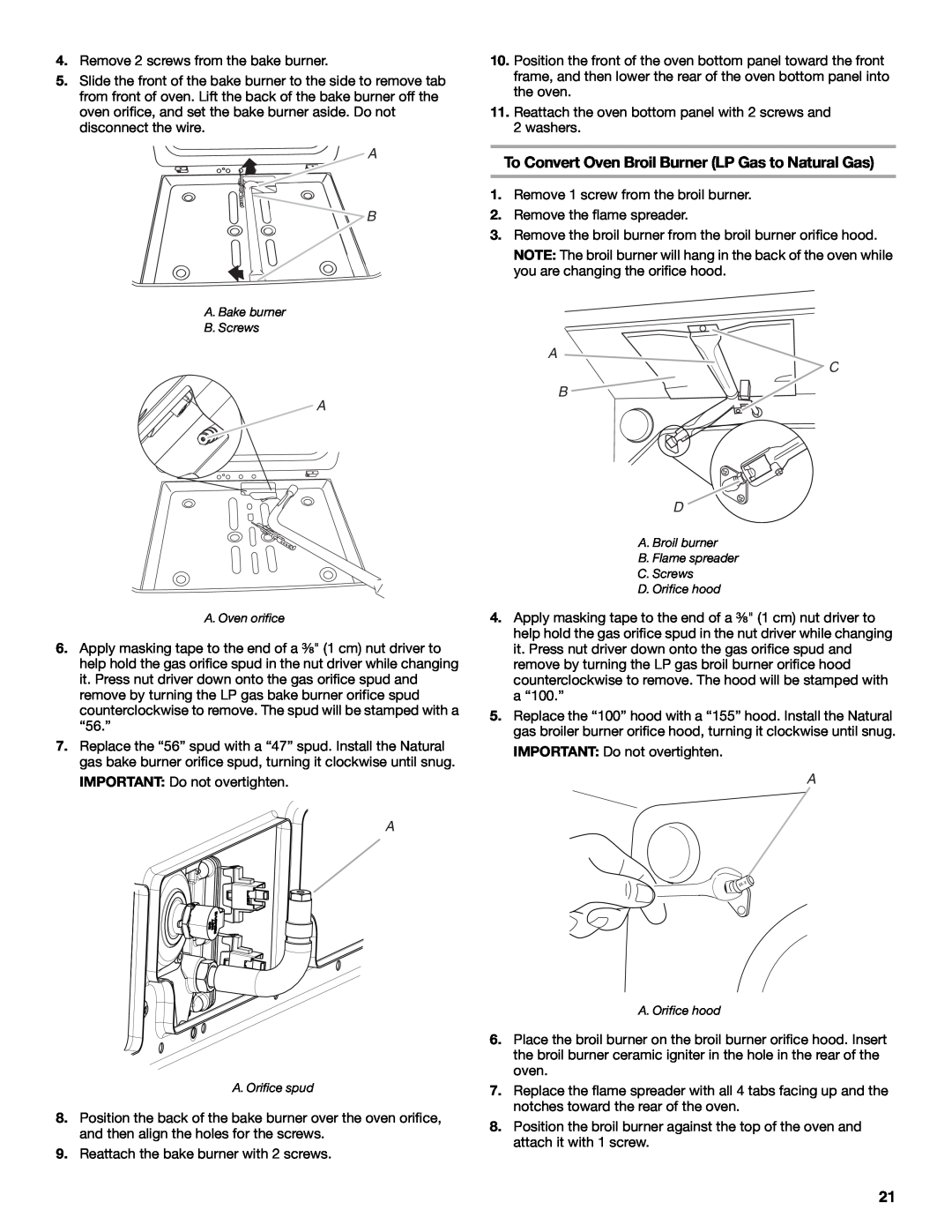 Whirlpool W10665256D installation instructions To Convert Oven Broil Burner LP Gas to Natural Gas, A C B D 