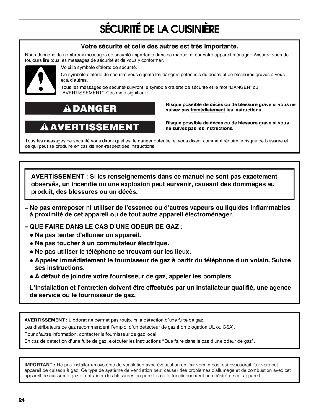 Whirlpool W10665256D installation instructions Sécurité De La Cuisinière, Danger Avertissement 