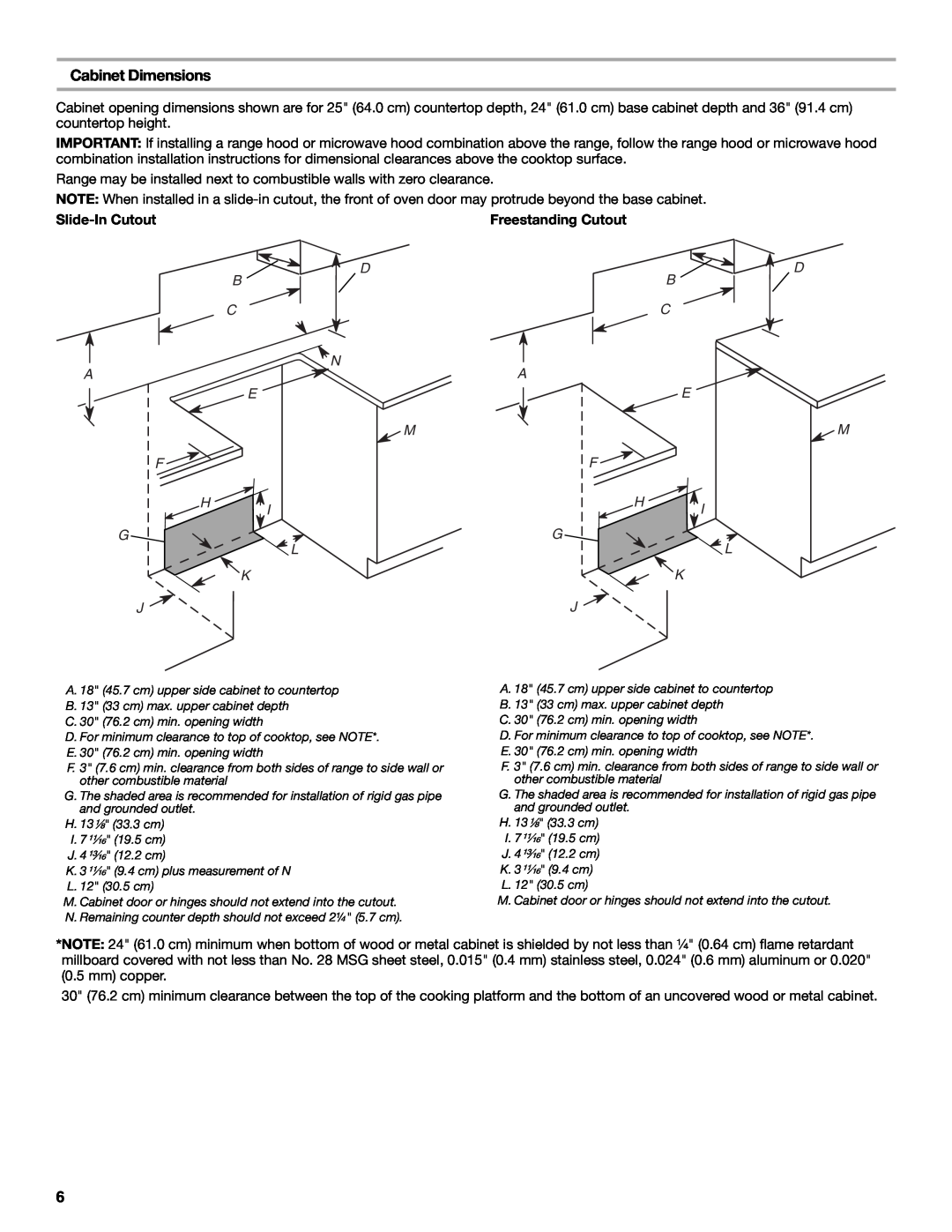 Whirlpool W10665256D Cabinet Dimensions, Slide-In Cutout, Freestanding Cutout, B C A E F H G K J, D N I L 