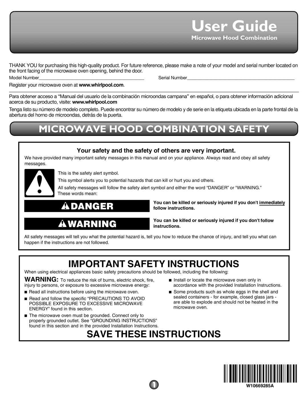 Whirlpool W10669285A important safety instructions Microwave Hood Combination Safety, Important Safety Instructions 