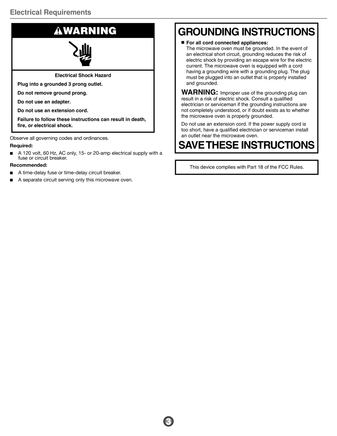 Whirlpool W10669285A important safety instructions Grounding Instructions, Electrical Requirements, Required, Recommended 