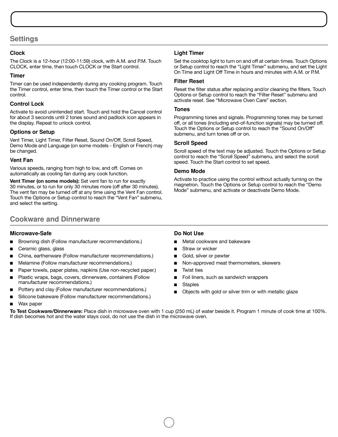 Whirlpool W10669285A important safety instructions Operating Your Microwave Oven, Settings, Cookware and Dinnerware 