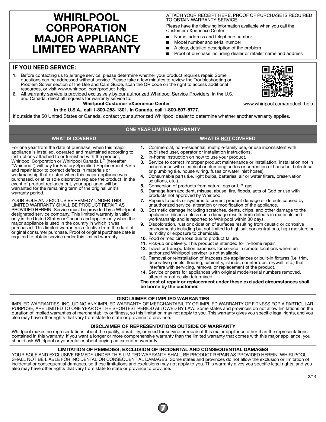 Whirlpool W10669285A important safety instructions Whirlpool Corporation Major Appliance Limited Warranty 