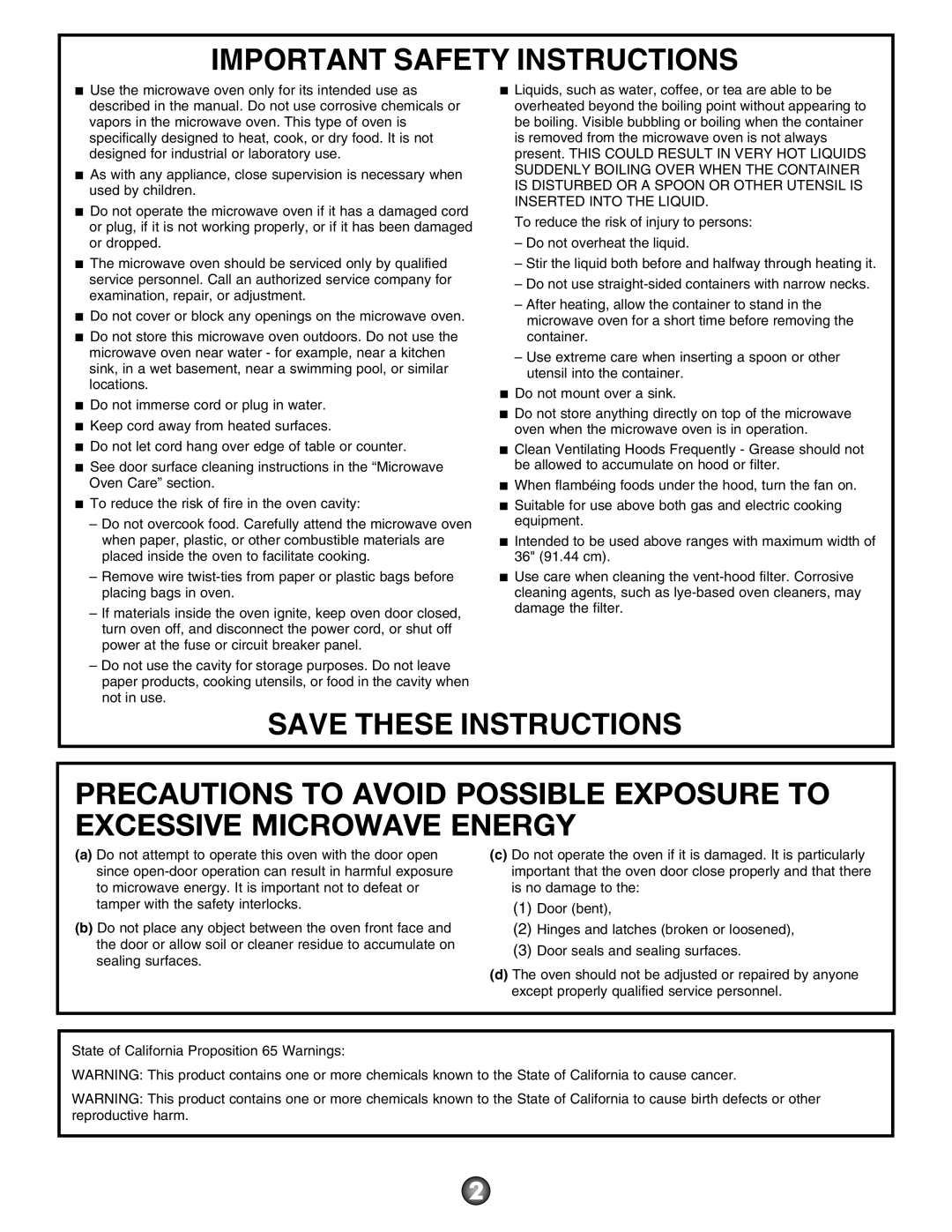 Whirlpool W10669285A Precautions To Avoid Possible Exposure To Excessive Microwave Energy, Important Safety Instructions 