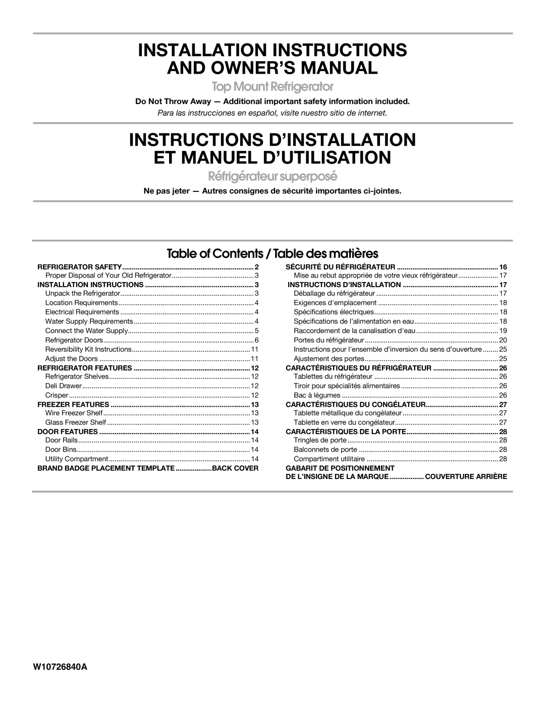 Whirlpool W10726840A installation instructions Top Mount Refrigerator, Réfrigérateur superposé 