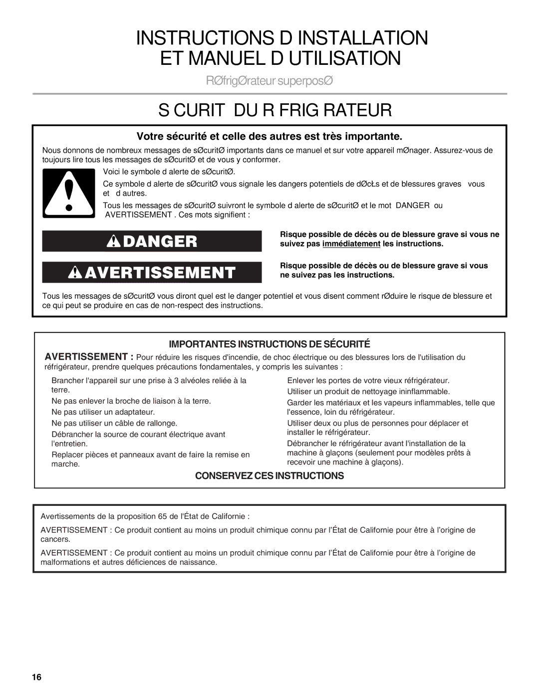 Whirlpool W10726840A Sécurité DU Réfrigérateur, Votre sécurité et celle des autres est très importante 