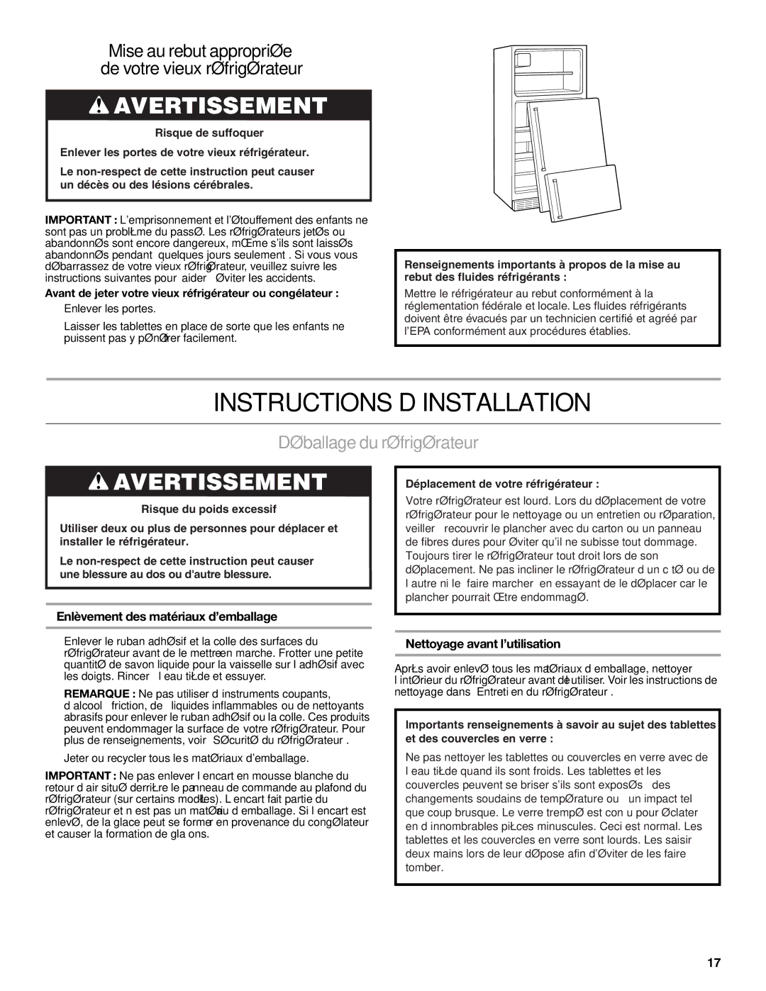 Whirlpool W10726840A Instructions D’INSTALLATION, Déballage du réfrigérateur, Enlèvement des matériaux d’emballage 