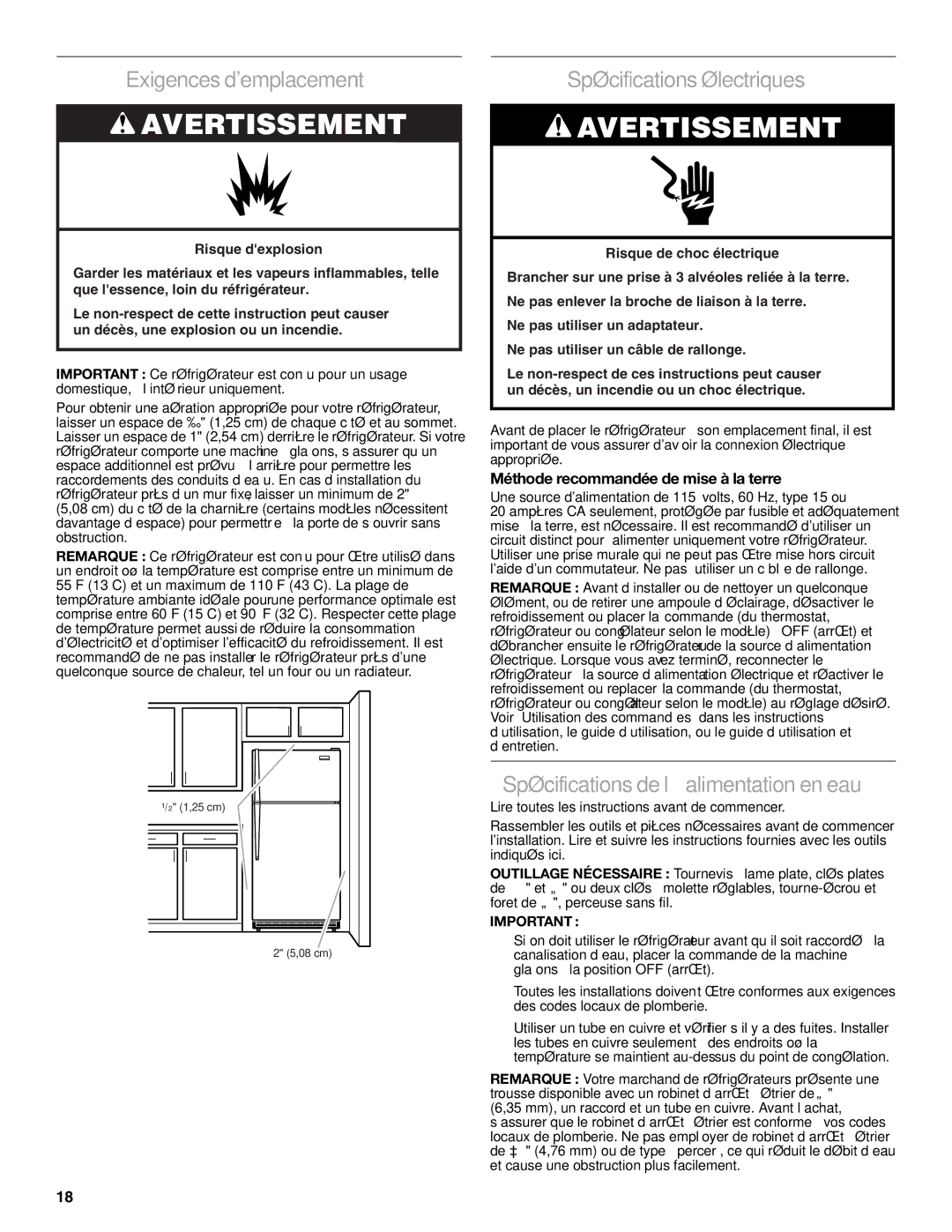 Whirlpool W10726840A Exigences demplacement, Spécifications électriques, Spécifications de l’alimentation en eau 